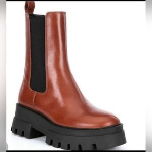 Gianni Bini Chelsea Lug Sole Cognac Leather Pull on Boots Platform New